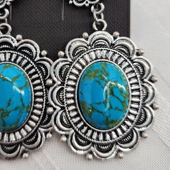 HIPPIE Turquoise & Silver Concho Medallion Western Earrings NWT - Picture 4 of 5